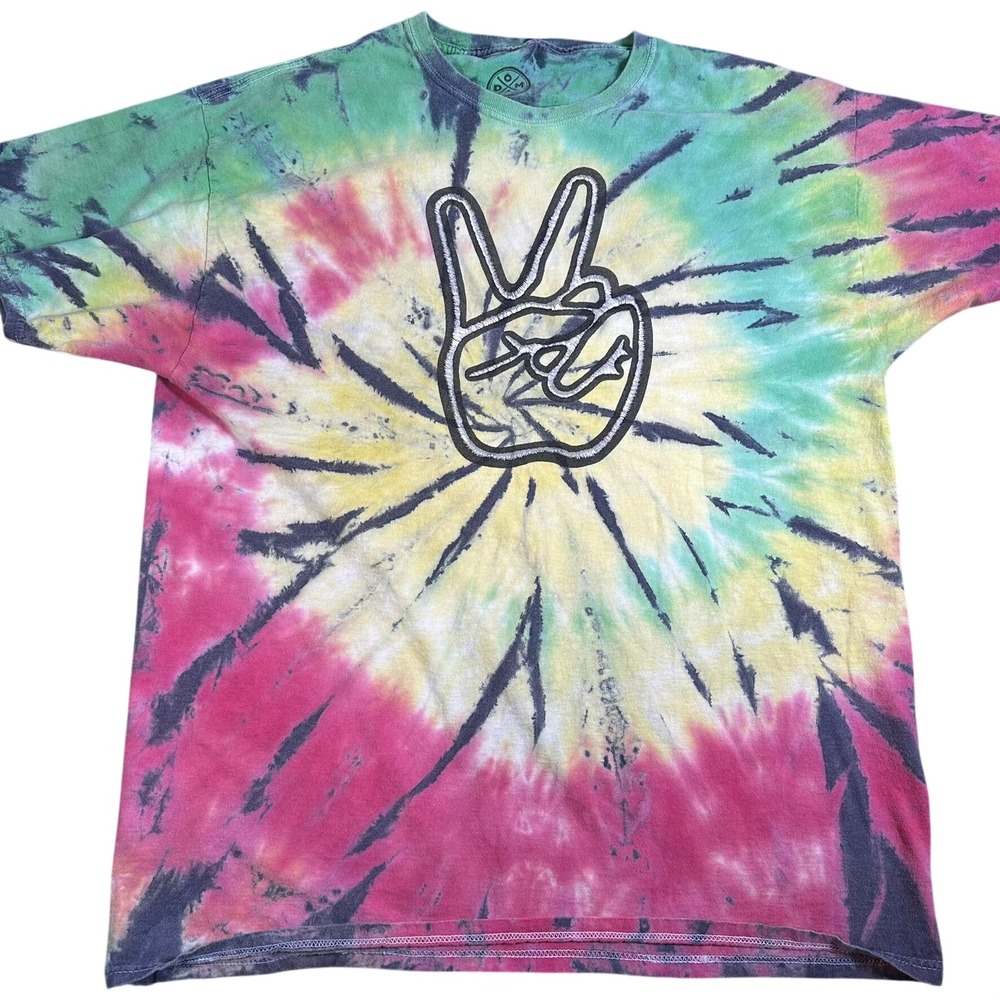 DOM Peace Sign Embroidered Tie Dye T-Shirt Men XL Multi Color Spiral Graphic Tee